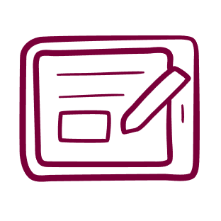 A hand-drawn illustration of a document in brand crimson.